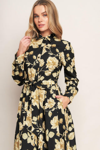 MIDNIGHT BLOOM BLACK WOVEN MIDI DRESS - Glamourous Grace