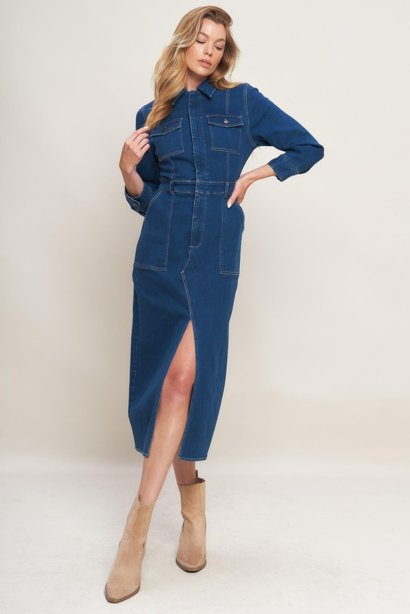 MIDNIGHT DARK INDIGO DENIM MIDI DRESS - Glamourous Grace