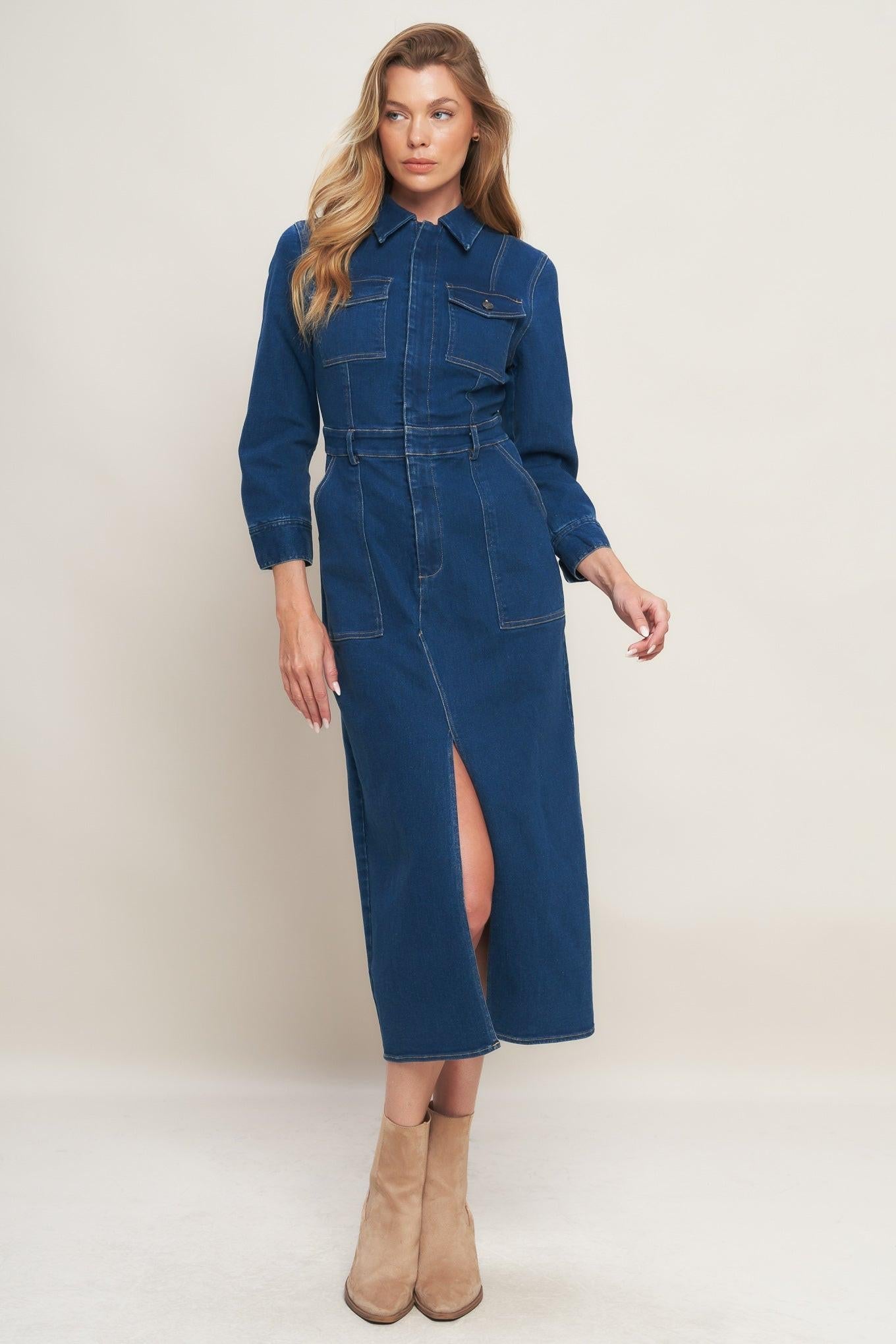 MIDNIGHT DARK INDIGO DENIM MIDI DRESS - Glamourous Grace