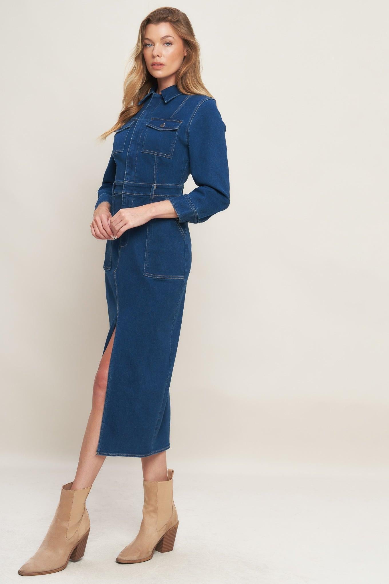 MIDNIGHT DARK INDIGO DENIM MIDI DRESS - Glamourous Grace