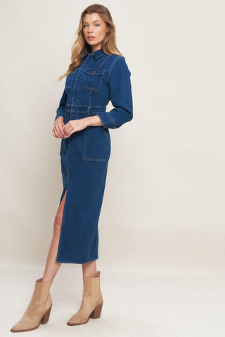 MIDNIGHT DARK INDIGO DENIM MIDI DRESS - Glamourous Grace