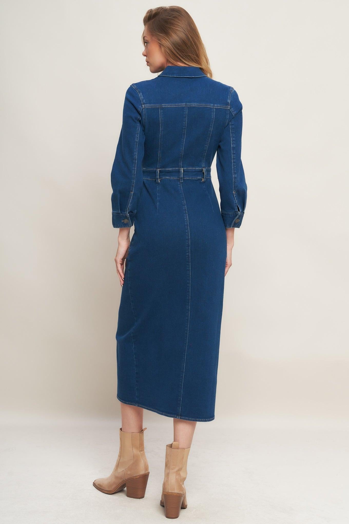 MIDNIGHT DARK INDIGO DENIM MIDI DRESS - Glamourous Grace