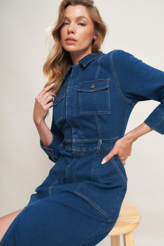 MIDNIGHT DARK INDIGO DENIM MIDI DRESS - Glamourous Grace