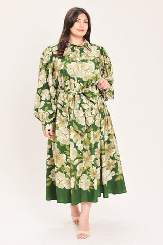 EVERGREEN CAMELLIA DREAM WOVEN MIDI SHIRT DRESS