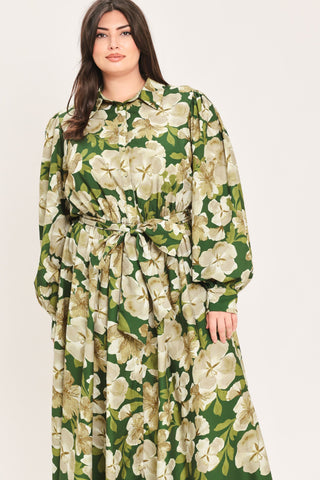 EVERGREEN CAMELLIA DREAM WOVEN MIDI SHIRT DRESS