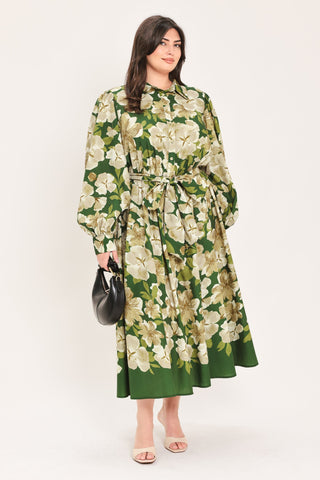 EVERGREEN CAMELLIA DREAM WOVEN MIDI SHIRT DRESS