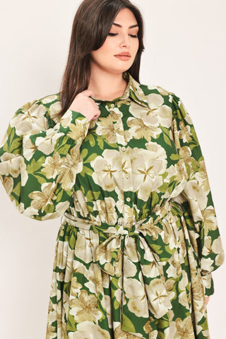 EVERGREEN CAMELLIA DREAM WOVEN MIDI SHIRT DRESS