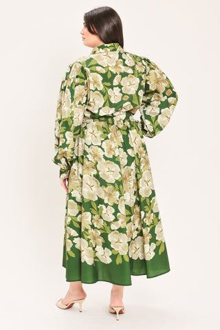 EVERGREEN CAMELLIA DREAM WOVEN MIDI SHIRT DRESS