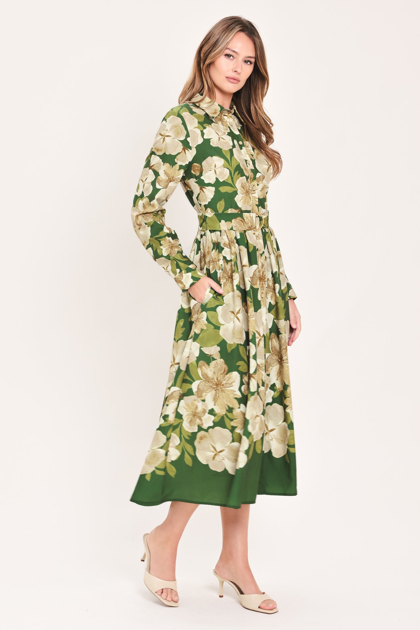 EVERGREEN CAMELLIA DREAM WOVEN MIDI SHIRT DRESS - Glamourous Grace