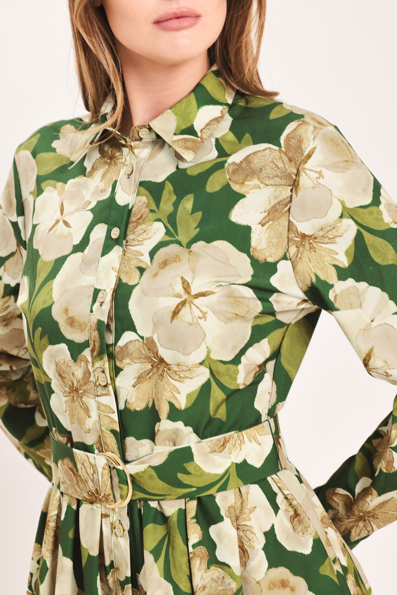 EVERGREEN CAMELLIA DREAM WOVEN MIDI SHIRT DRESS - Glamourous Grace