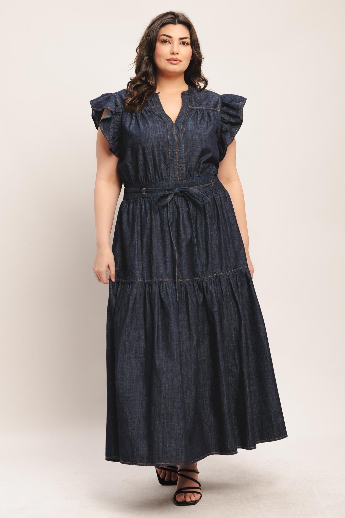POWER DENIM GODDESS DARK INDIGO MIDI DRESS - Glamourous Grace