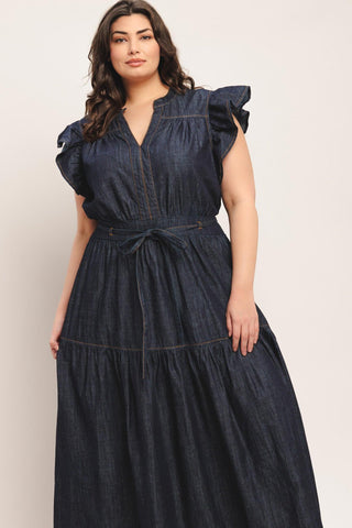 POWER DENIM GODDESS DARK INDIGO MIDI DRESS - Glamourous Grace