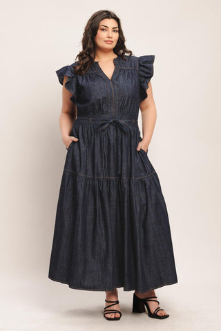 POWER DENIM GODDESS DARK INDIGO MIDI DRESS - Glamourous Grace