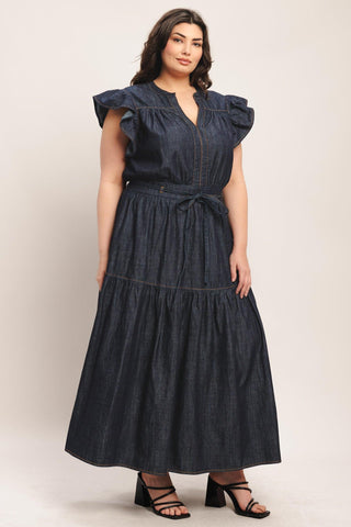 POWER DENIM GODDESS DARK INDIGO MIDI DRESS - Glamourous Grace