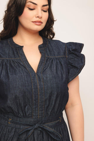 POWER DENIM GODDESS DARK INDIGO MIDI DRESS - Glamourous Grace