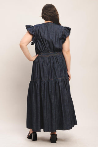 POWER DENIM GODDESS DARK INDIGO MIDI DRESS - Glamourous Grace