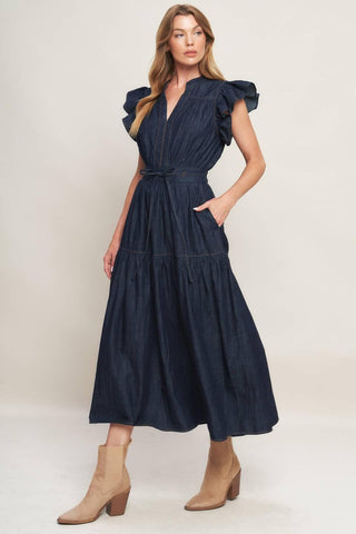 POWER DENIM GODDESS DARK INDIGO MIDI DRESS - Glamourous Grace