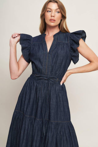 POWER DENIM GODDESS DARK INDIGO MIDI DRESS - Glamourous Grace