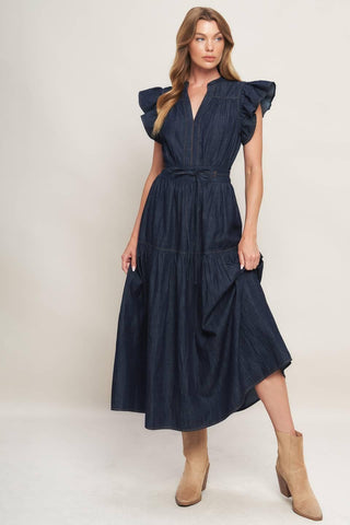 POWER DENIM GODDESS DARK INDIGO MIDI DRESS - Glamourous Grace