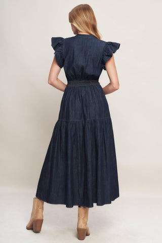 POWER DENIM GODDESS DARK INDIGO MIDI DRESS - Glamourous Grace