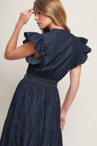 POWER DENIM GODDESS DARK INDIGO MIDI DRESS - Glamourous Grace
