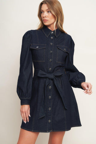 HOLIDAY DARK INDIGO DENIM MINI DRESS - Glamourous Grace