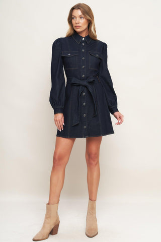 HOLIDAY DARK INDIGO DENIM MINI DRESS - Glamourous Grace
