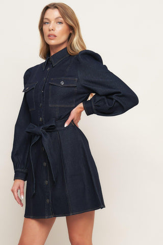 HOLIDAY DARK INDIGO DENIM MINI DRESS - Glamourous Grace