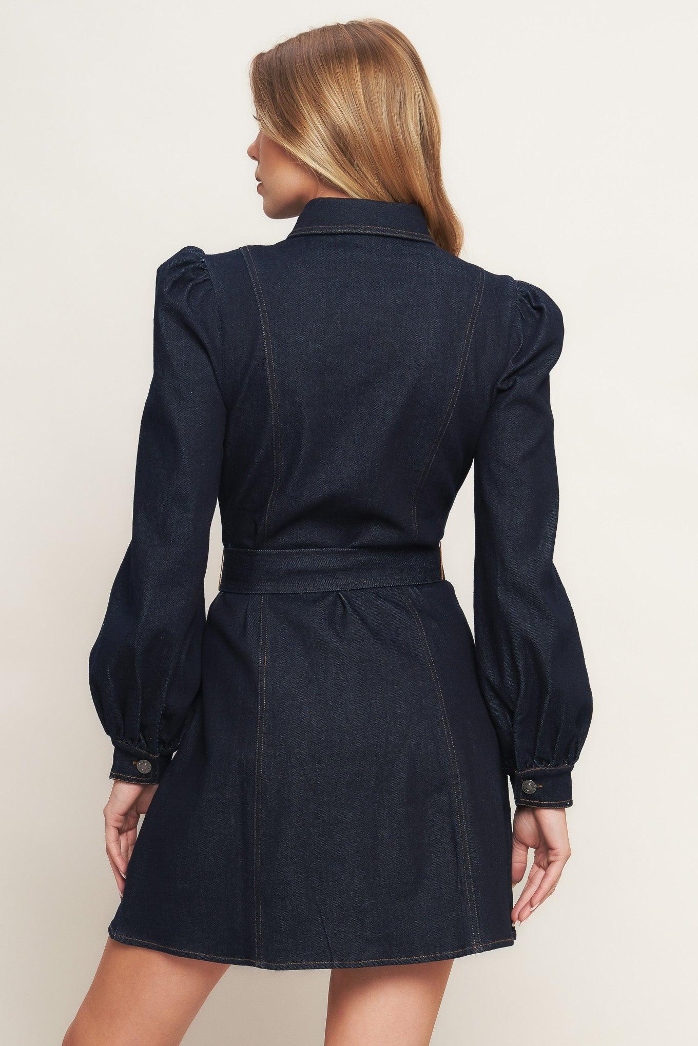HOLIDAY DARK INDIGO DENIM MINI DRESS - Glamourous Grace