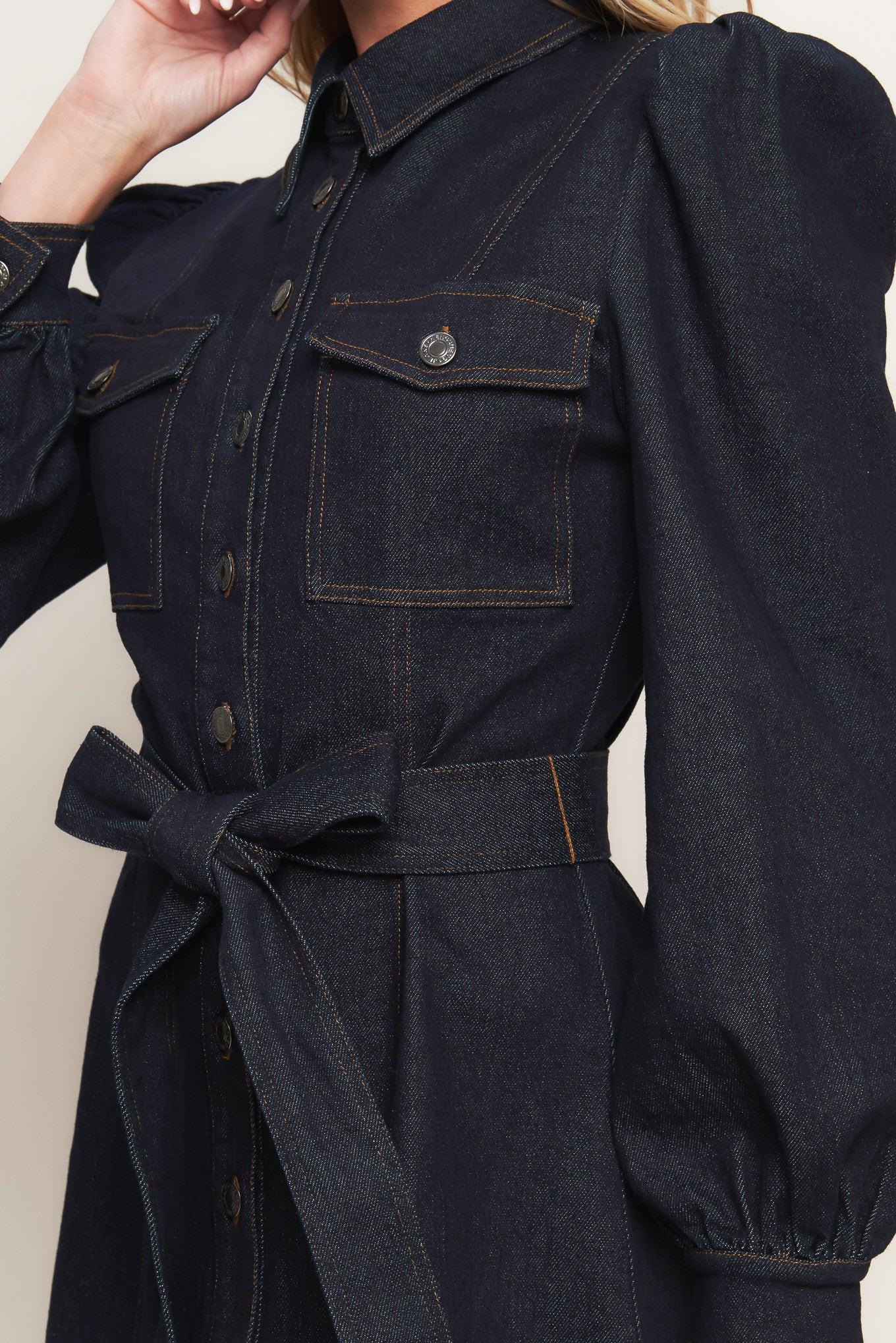 HOLIDAY DARK INDIGO DENIM MINI DRESS - Glamourous Grace
