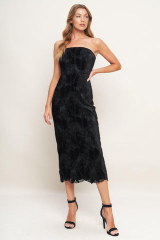 BLACK TEMPTATION WOVEN VELVET LACE MIDI DRESS - Glamourous Grace