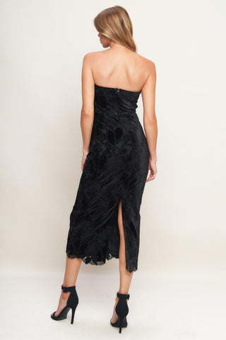 BLACK TEMPTATION WOVEN VELVET LACE MIDI DRESS - Glamourous Grace