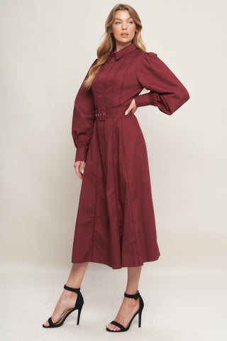 MODERN FEMME BURGUNDY WOVEN MIDI DRESS - Glamourous Grace