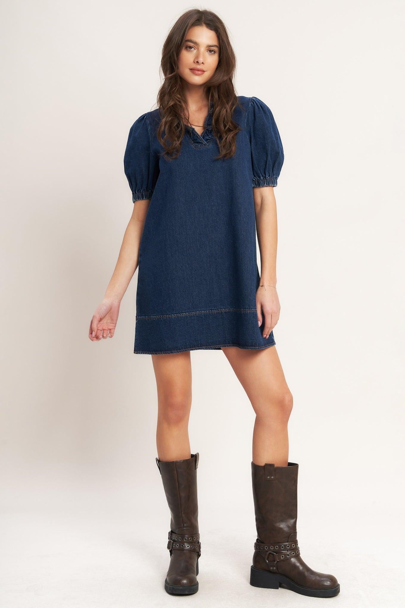 MODERN FOLK TOUCH DNIM MINI DRESS - Glamourous Grace