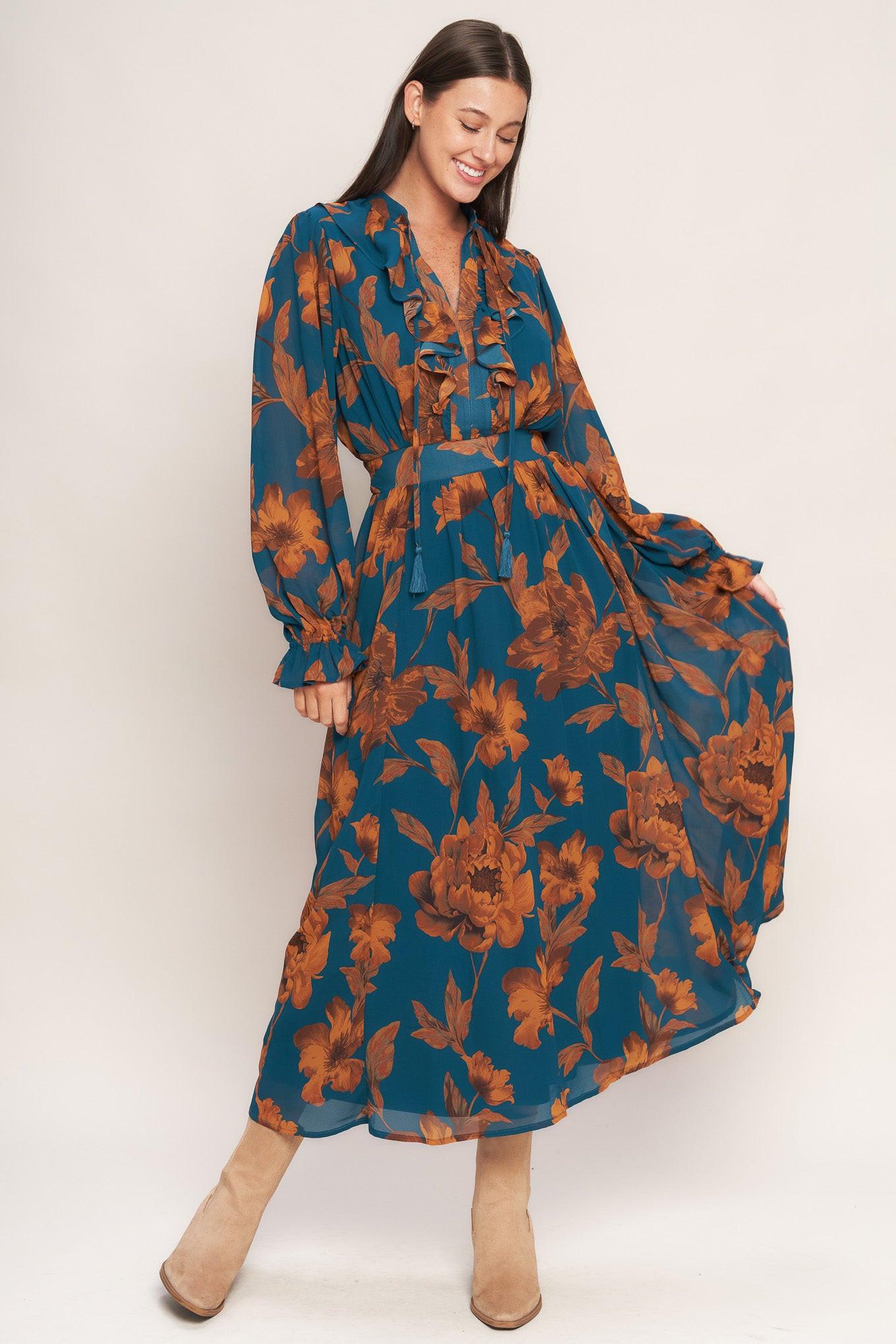 BURNISHED BOTANICA WOVEN MIDI DRESS - Glamourous Grace
