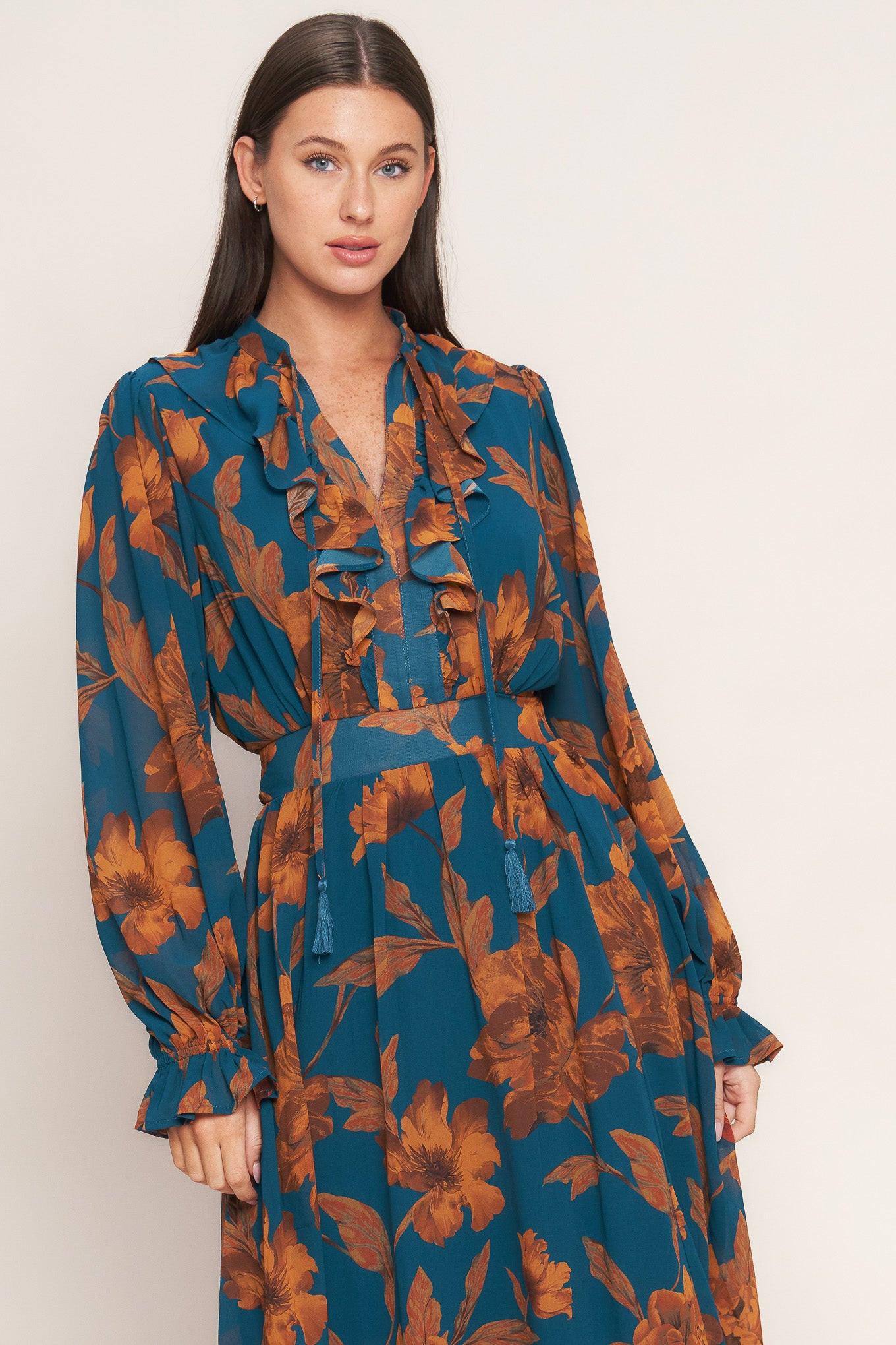 BURNISHED BOTANICA WOVEN MIDI DRESS - Glamourous Grace