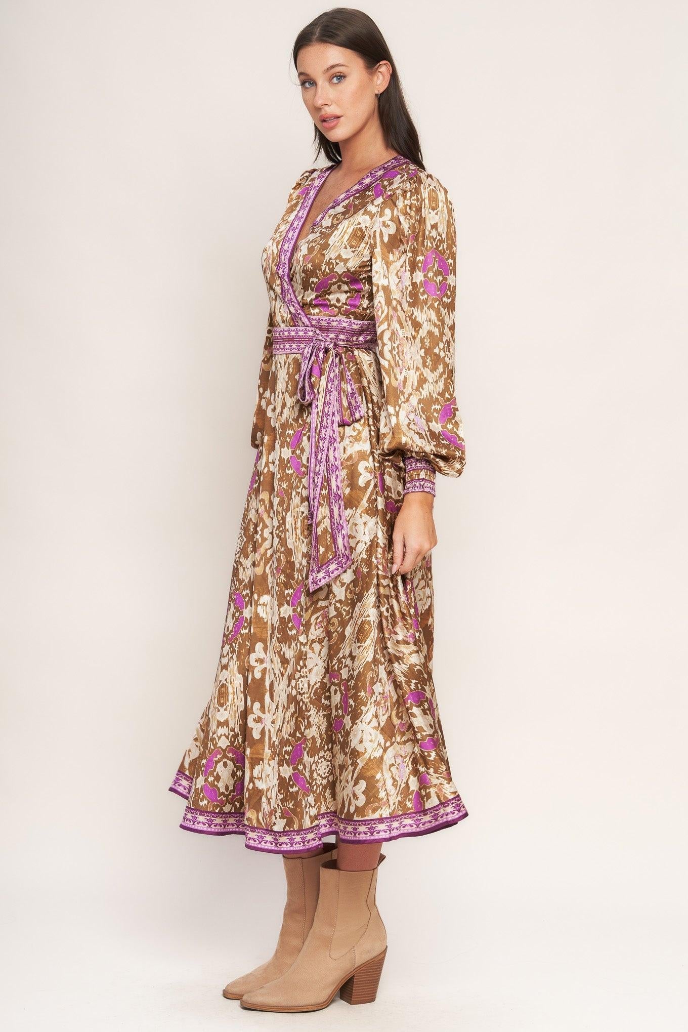 IKAT BLOOM WOVEN MIDI TRUE WRAP DRESS - Glamourous Grace