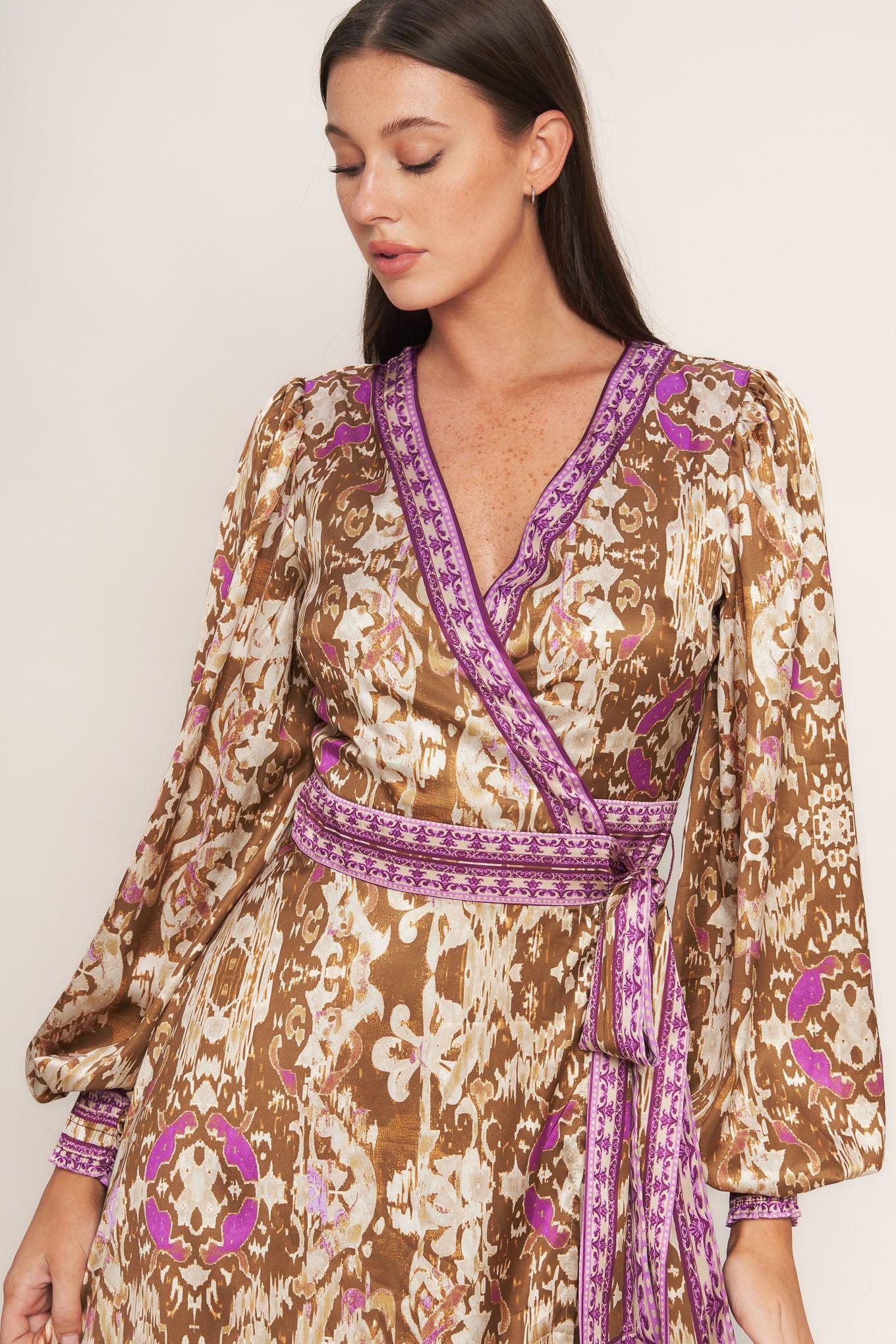 IKAT BLOOM WOVEN MIDI TRUE WRAP DRESS - Glamourous Grace