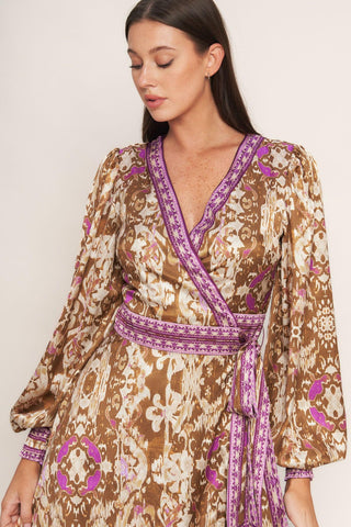 IKAT BLOOM WOVEN MIDI TRUE WRAP DRESS - Glamourous Grace