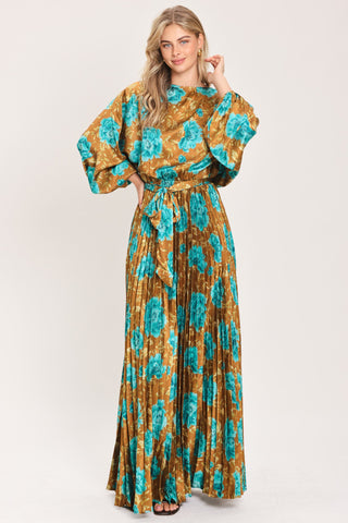 GOLDEN BLOOM LUXE WOVEN SATIN MAXI DRESS