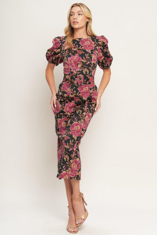 GOTHIC ROSE WOVEN MIDI DRESS - Glamourous Grace