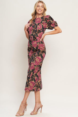 GOTHIC ROSE WOVEN MIDI DRESS - Glamourous Grace