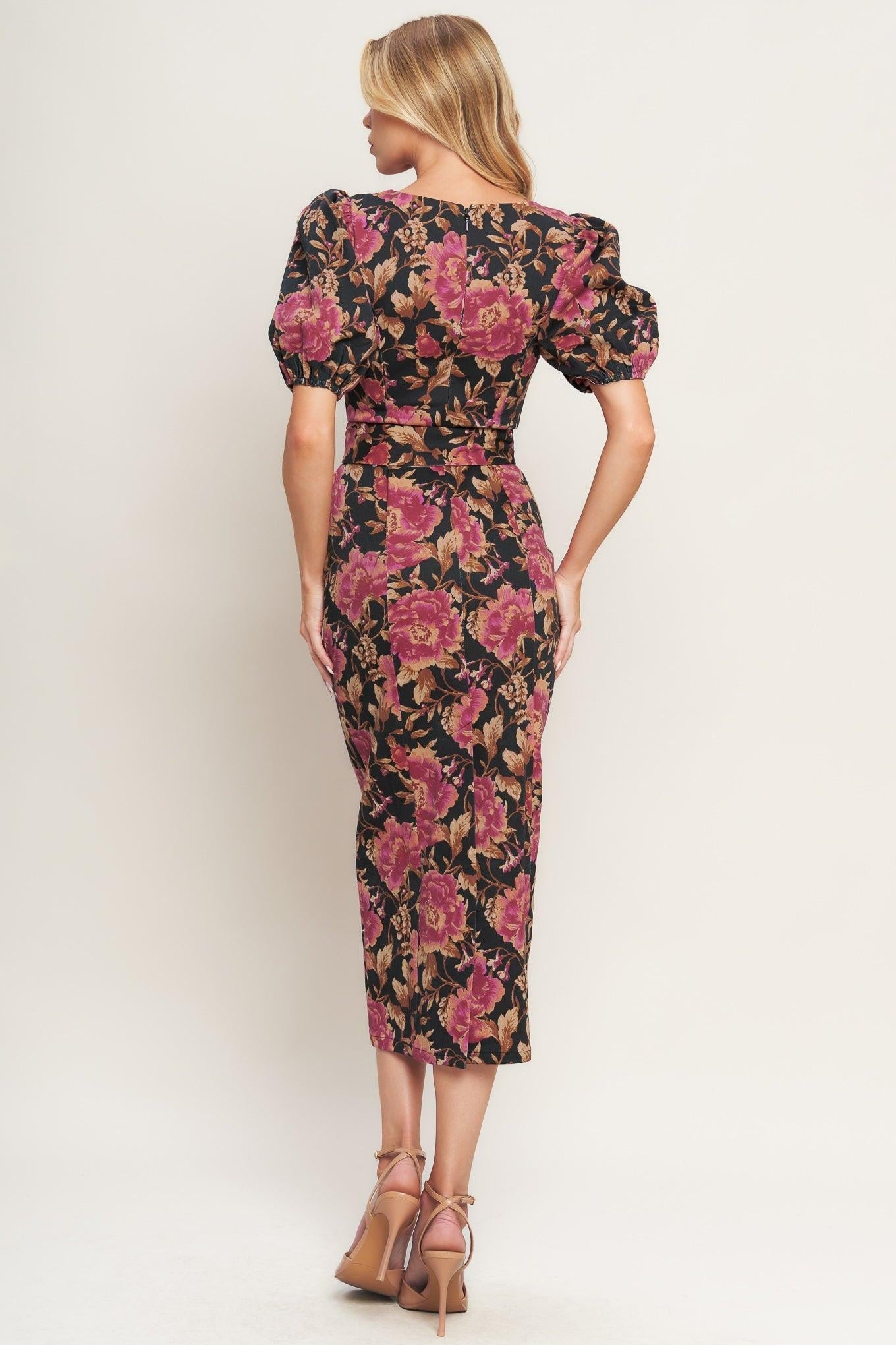 GOTHIC ROSE WOVEN MIDI DRESS - Glamourous Grace