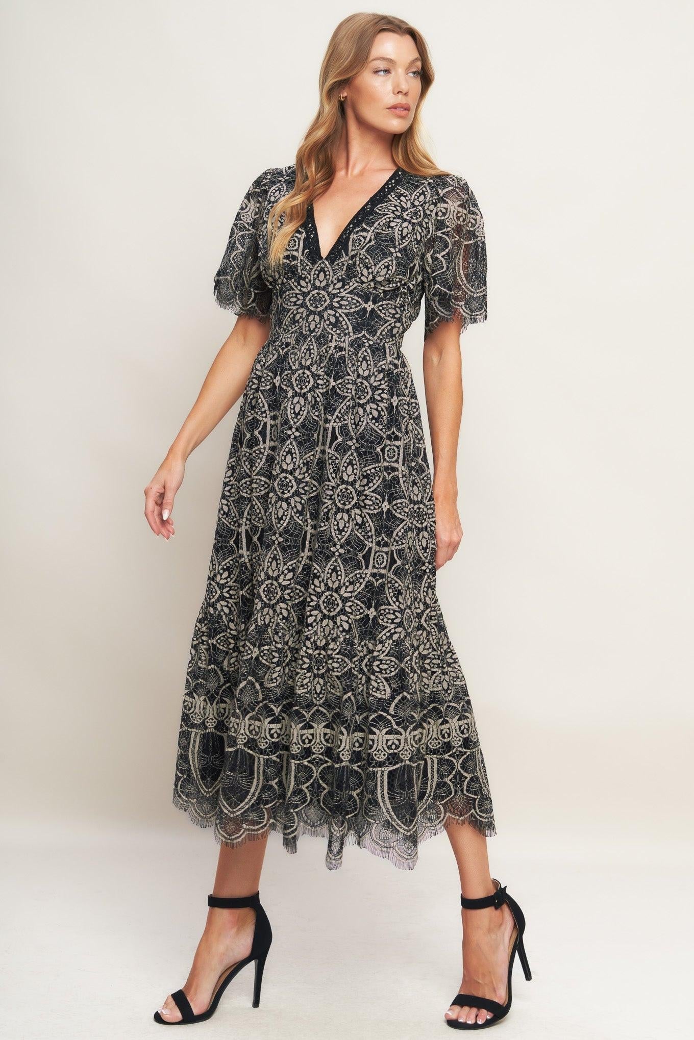 GOTHIC BLOOM WOVEN LACE MIDI DRESS - Glamourous Grace