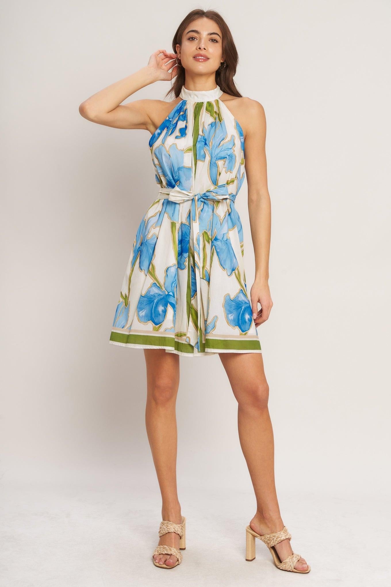 AZURE BLOOM HALTER WOVEN MINI DRESS - Glamourous Grace
