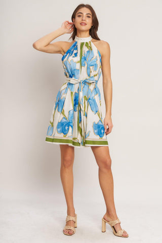 AZURE BLOOM HALTER WOVEN MINI DRESS - Glamourous Grace