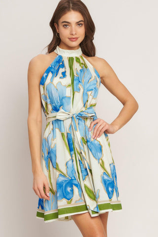AZURE BLOOM HALTER WOVEN MINI DRESS - Glamourous Grace