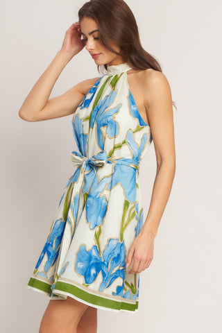 AZURE BLOOM HALTER WOVEN MINI DRESS - Glamourous Grace