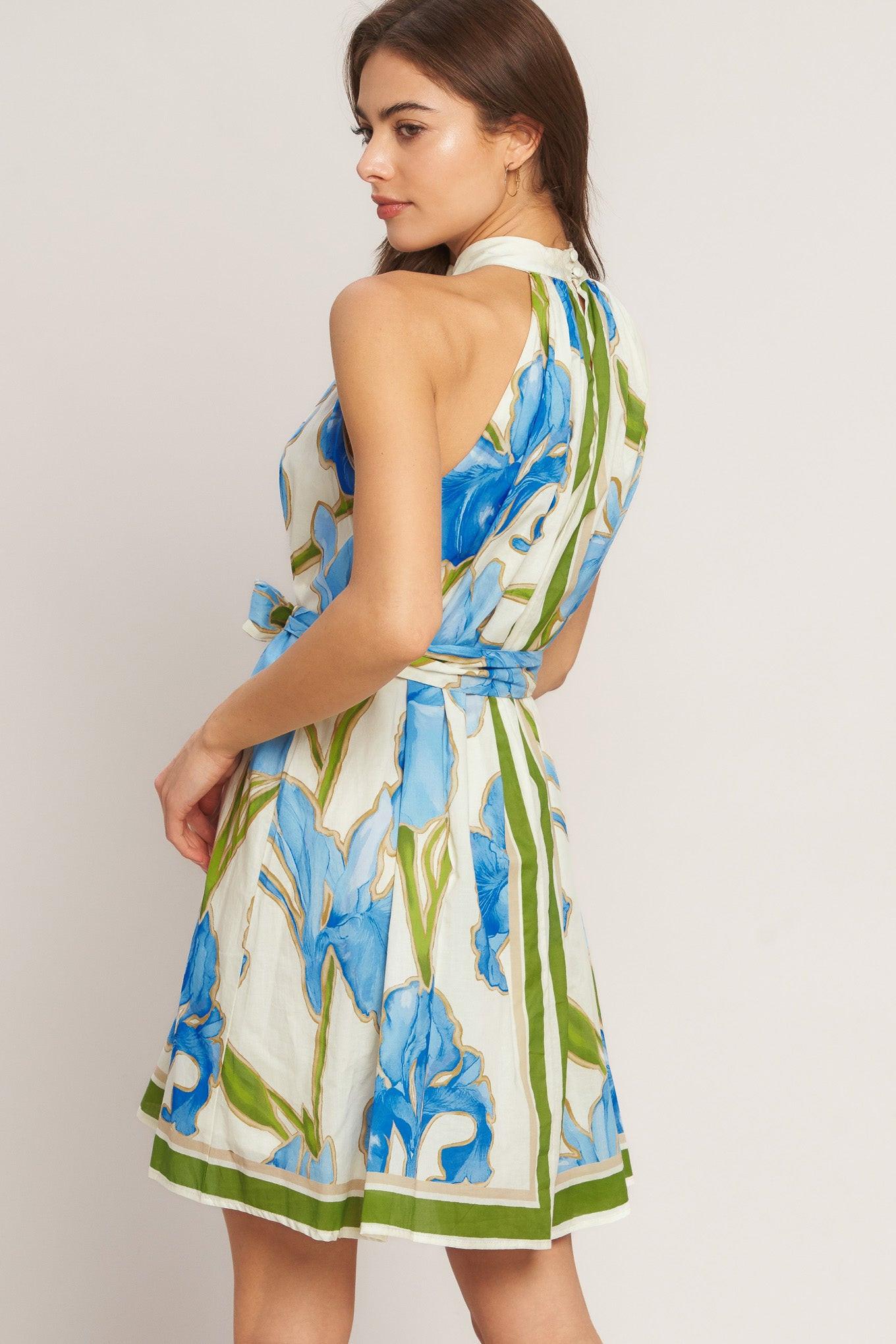 AZURE BLOOM HALTER WOVEN MINI DRESS - Glamourous Grace