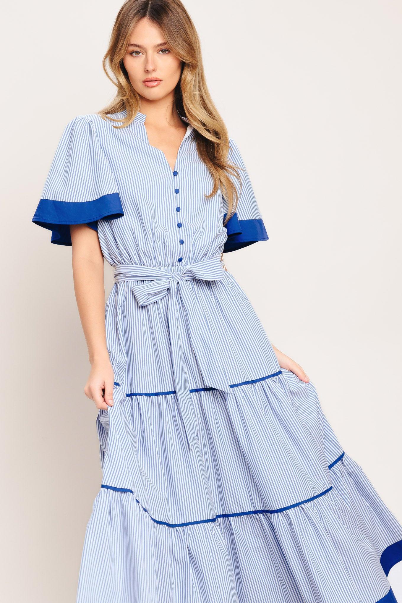 PARIS MORNING BLUE WOVEN MIDI DRESS - Glamourous Grace